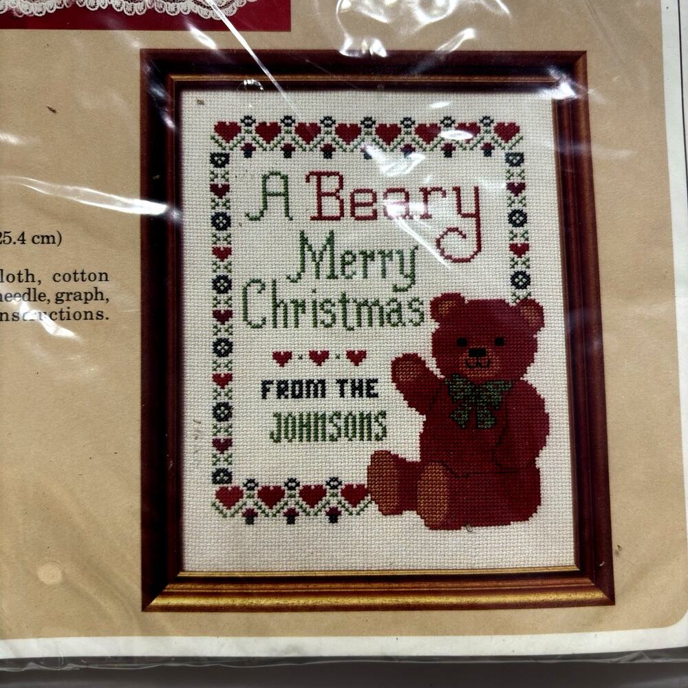 Vtg 80s Beary Merry Christmas Personalize Cross Stitch Kit NEW Sealed Grandma